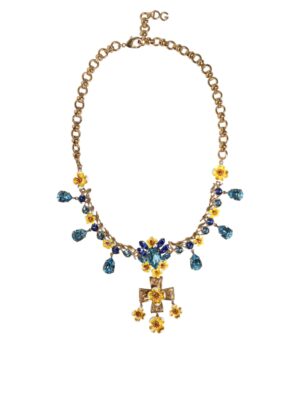 Dolce & Gabbana Gold Brass Chain Floral Crystal Cross Pendant Necklace