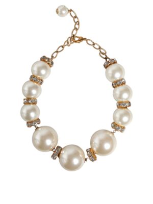 Dolce & Gabbana White Maxi Faux Pearl Beads Crystals Gold Chain Necklace
