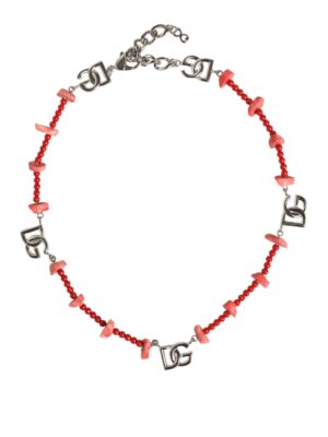 Dolce & Gabbana Silver Tone Brass Beaded Resin DG Logo Chain Necklace