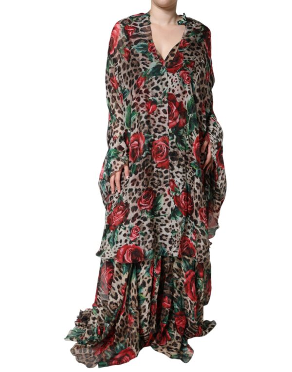Dolce & Gabbana Brown Leopard Red Roses Silk Long Gown Dress - Image 2