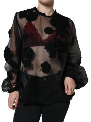 Dolce & Gabbana Black Nylon Mesh Transparent Floral Blouse
