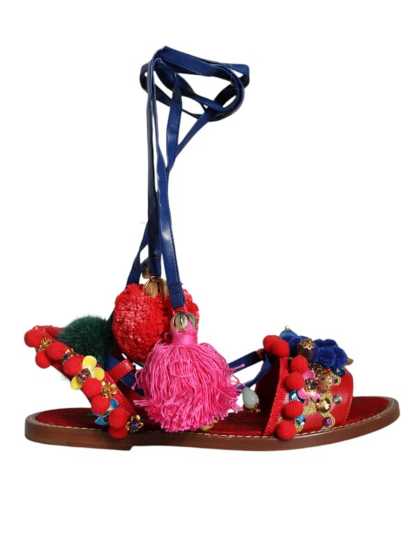 Dolce & Gabbana Multicolor Pom Pom Fur Wrap Sandals Shoes - Image 7