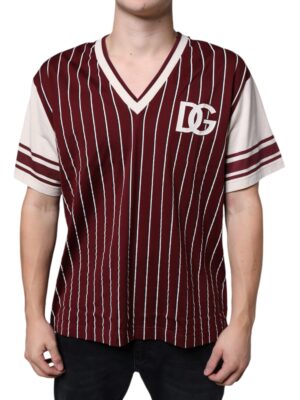 Dolce & Gabbana Maroon Stripes Cotton Logo V-neck T-shirt