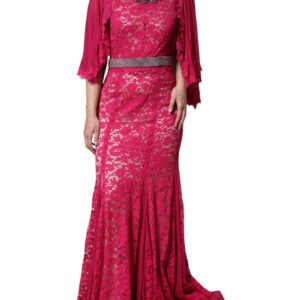 Dolce & Gabbana Pink Lace Crystal Sheath Long Gown Dress