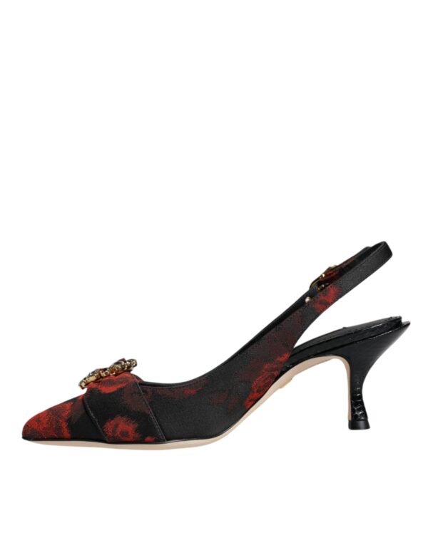 Dolce & Gabbana Black Red Floral Crystal Heel Slingback Shoes - Image 5