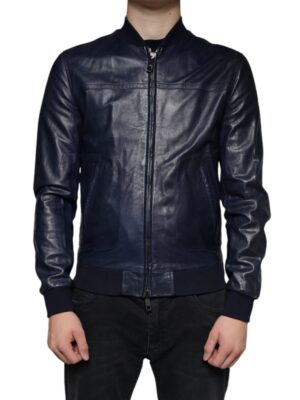 Dolce & Gabbana Blue Lambskin Leather Full Zip Biker Jacket