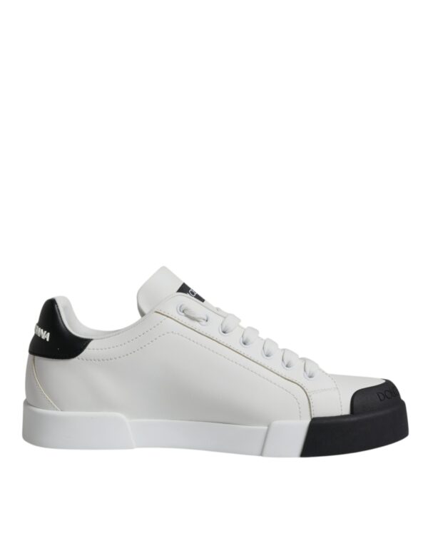 Dolce & Gabbana White Black Leather Logo Portofino Sneaker Shoes - Image 7