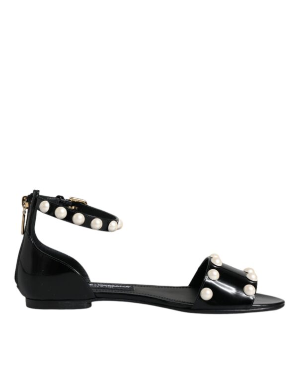 Dolce & Gabbana Black Leather Pearls Ankle Strap Sandals Shoes - Image 7