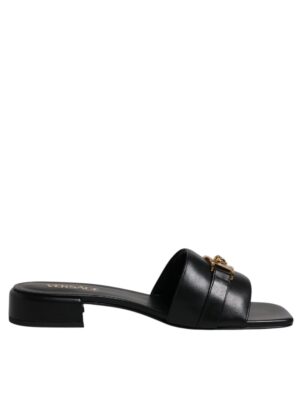 Versace Black Leather Logo Plaque Slip On Slides Flats Shoes
