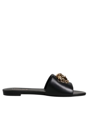 Versace Black Leather Logo Plaque Slip On Slides Flats Shoes