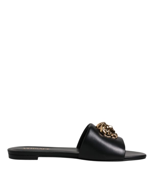 Versace Black Leather Logo Plaque Slip On Slides Flats Shoes - Image 8