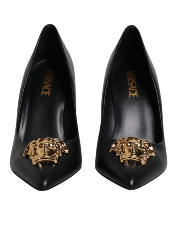 Versace Black Leather Logo Plaque High Heels Pumps Shoes - Image 2