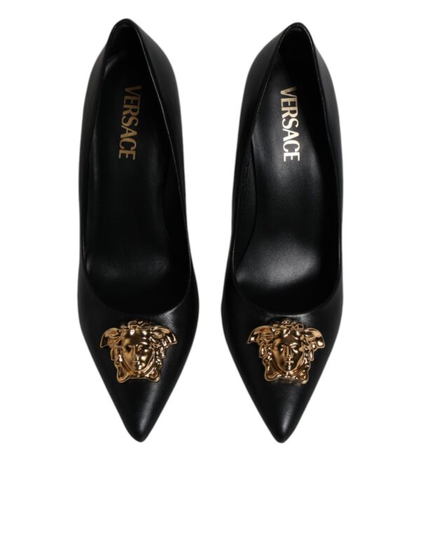 Versace Black Leather Logo Plaque High Heels Pumps Shoes - Image 3