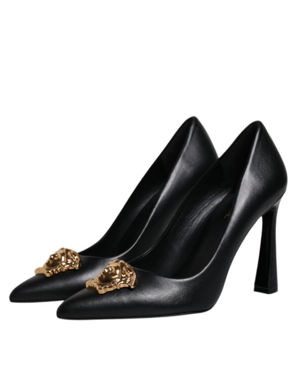 Versace Black Leather Logo Plaque High Heels Pumps Shoes - Image 4