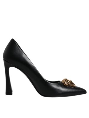 Versace Black Leather Logo Plaque High Heels Pumps Shoes