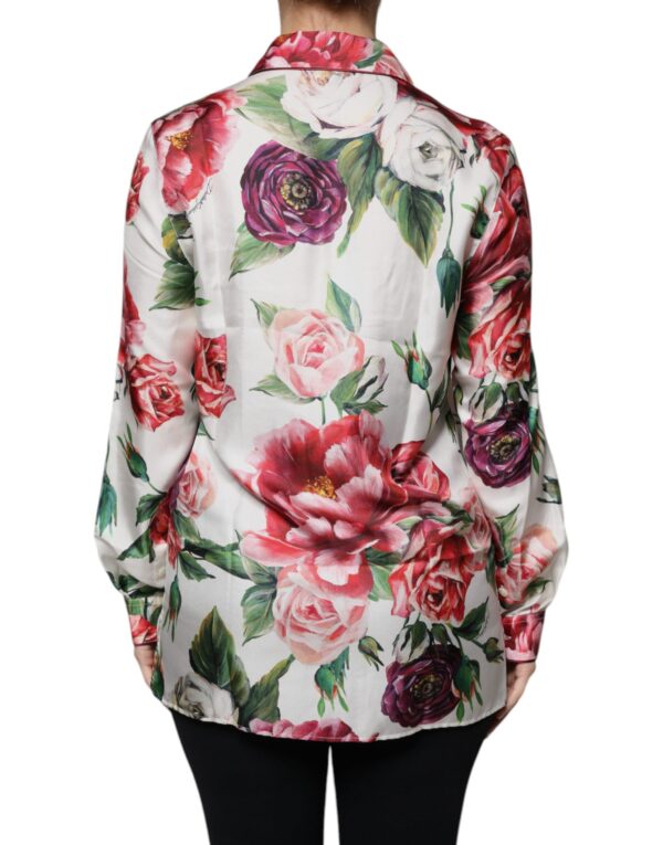Dolce & Gabbana White Peony Silk Long Sleeves Collared Blouse Top - Image 4