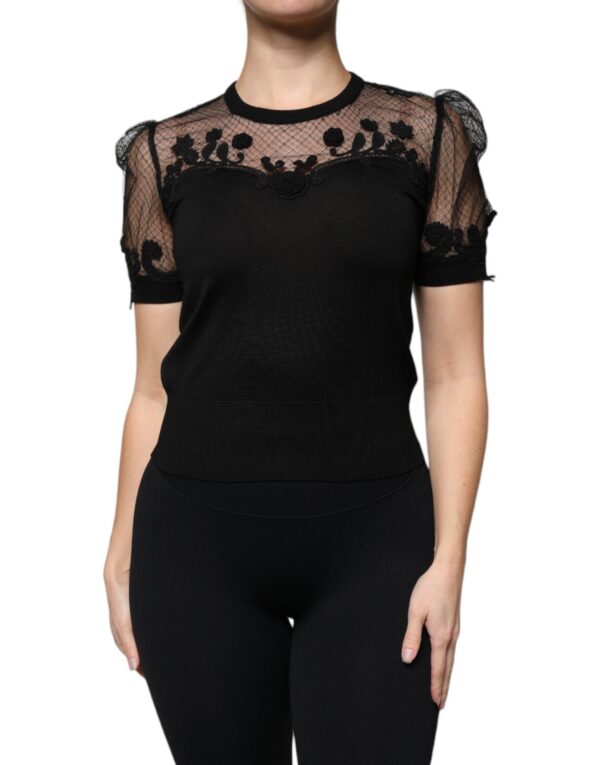 Dolce & Gabbana Black Floral Lace Short Sleeves Blouse Top - Image 2
