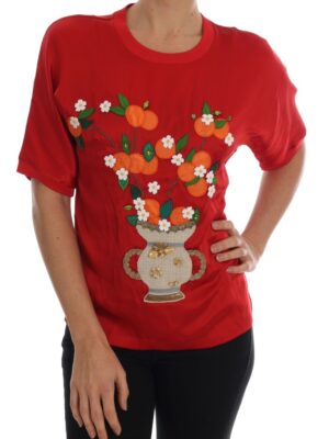 Dolce & Gabbana Red Silk Floral Embroidered Elegance Top