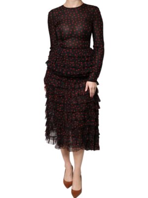 Dolce & Gabbana Black Red Polka Dot Silk Layered Midi Dress
