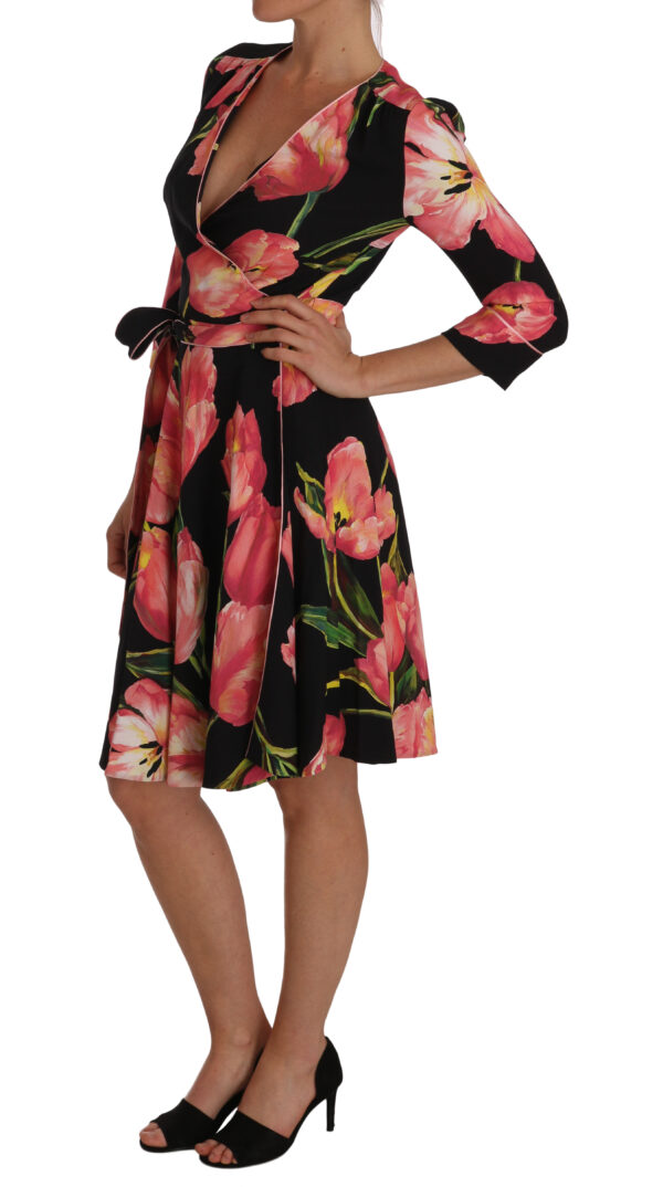 Dolce & Gabbana Elegant Black Shift Dress with Pink Tulips Print - Image 4