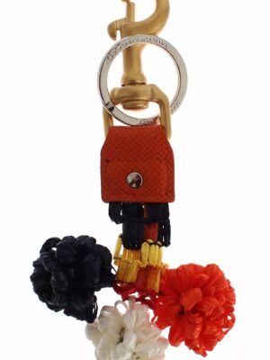 Dolce & Gabbana Brown Gold Raffia Leather Clasp Finder Chain Keyring