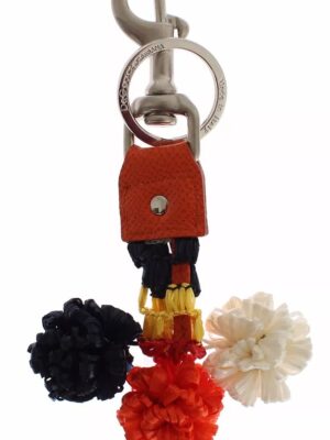 Dolce & Gabbana Silver Brown Raffia Leather Clasp Finder Chain Keyring