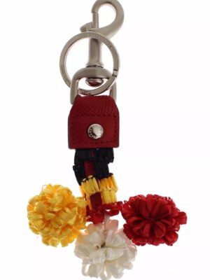 Dolce & Gabbana Silver Brown Raffia Leather Clasp Finder Chain Keyring