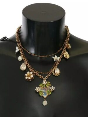Dolce & Gabbana Gold Brass Crystal Floral Statement Charms Necklace
