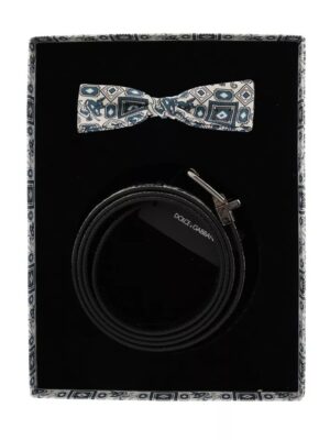 Dolce & Gabbana White Blue Silk Bowtie Leather Belt Gift Box Set