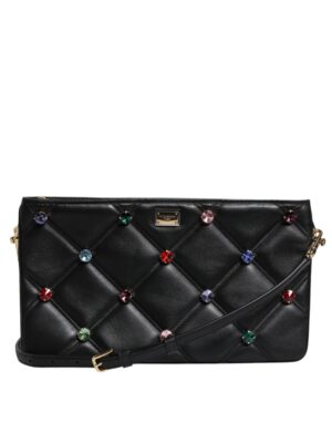 Dolce & Gabbana Black Leather Crystal Embellished Logo Shoulder Bag