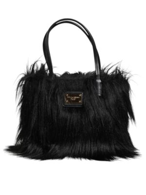Dolce & Gabbana Black Fur Logo Plaque Double Handle Shoulder Bag