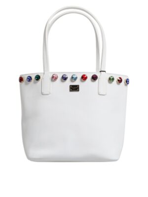 Dolce & Gabbana White Leather Crystal DG Logo Shoulder Tote Bag