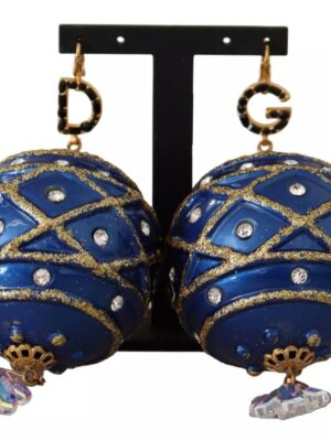 Dolce & Gabbana Gold Brass Blue Christmas Ball Crystal Hook Jewelry Earrings