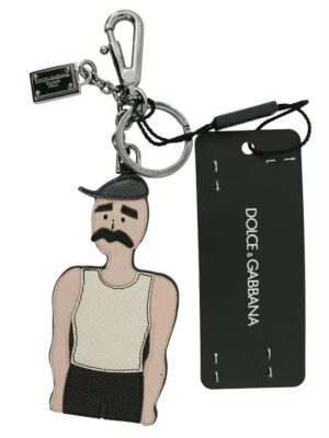 Dolce & Gabbana Black Leather Fisherman Logo Badge Keyring Keychain