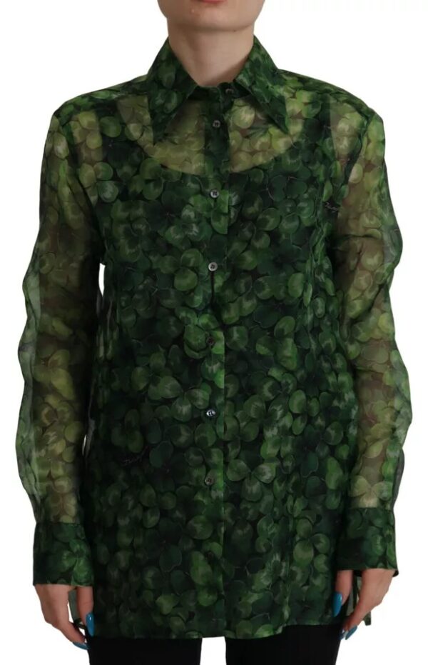 Dolce & Gabbana Green Clover Print Long Sleeves Collared Top Blouse - Image 6