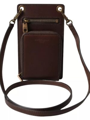 Dolce & Gabbana Brown Calf Leather Zip Logo Shoulder Neck Strap Wallet