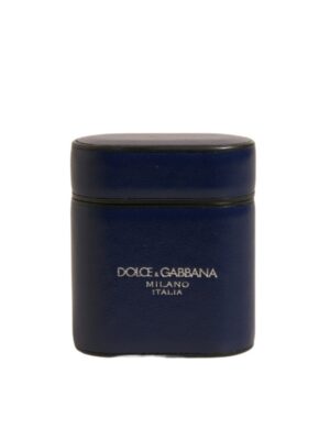 Dolce & Gabbana Blue Leather Logo Print Flip Holder Airpods Case