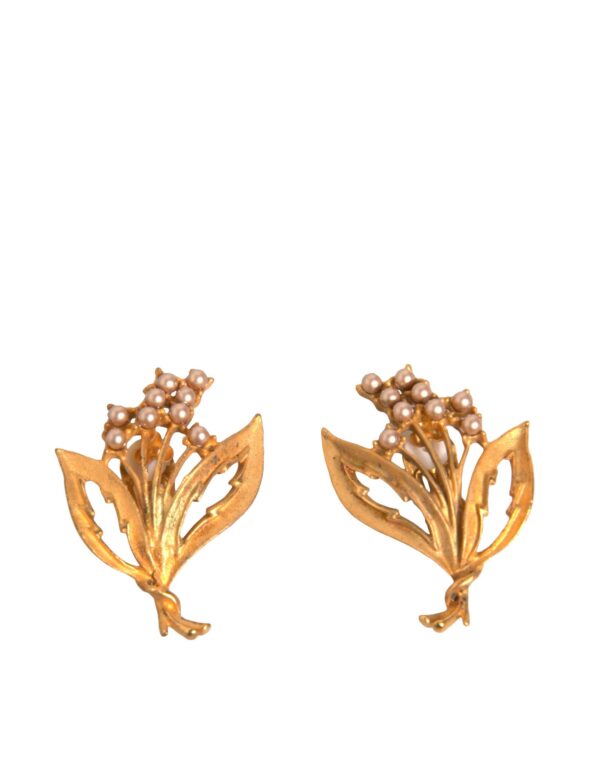 Dolce & Gabbana Gold Tone Brass Lily Of The Valley Pearl Clip On Earrings - Image 2
