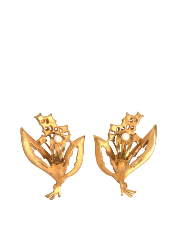 Dolce & Gabbana Gold Tone Brass Lily Of The Valley Pearl Clip On Earrings - Image 4