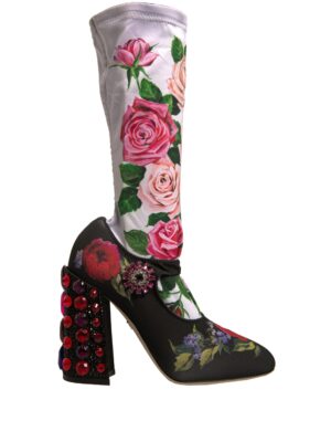 Dolce & Gabbana Black Floral Socks Crystal Boots Jersey Shoes