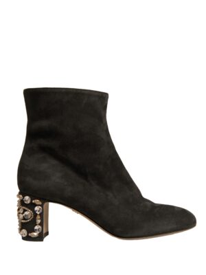 Dolce & Gabbana Black Embellished Heel Ankle Boots Shoes