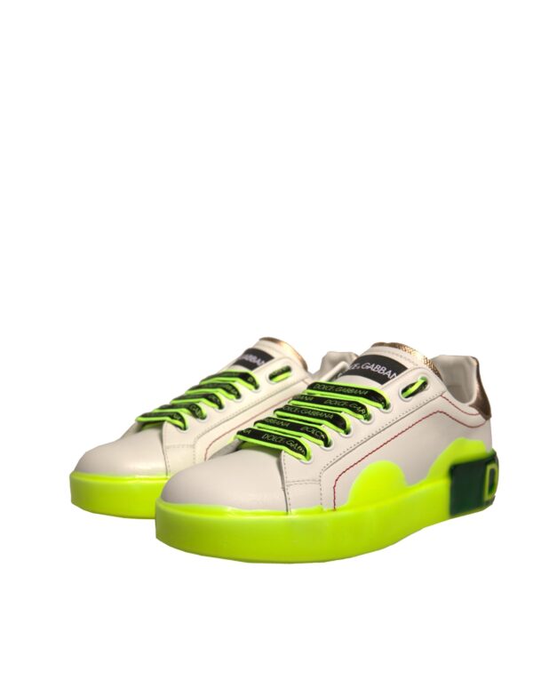 Dolce & Gabbana White Yellow Portofino Leather Sneakers Shoes - Image 3