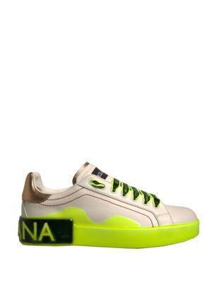 Dolce & Gabbana White Yellow Portofino Leather Sneakers Shoes