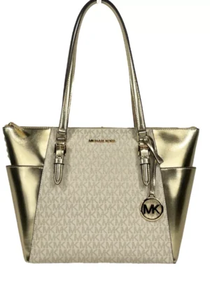 Michael Kors Charlotte Large Leather Top Zip Tote Bag Purse Gold