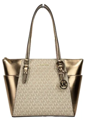 Michael Kors Charlotte Large Leather Top Zip Tote Bag Purse Rose Gold