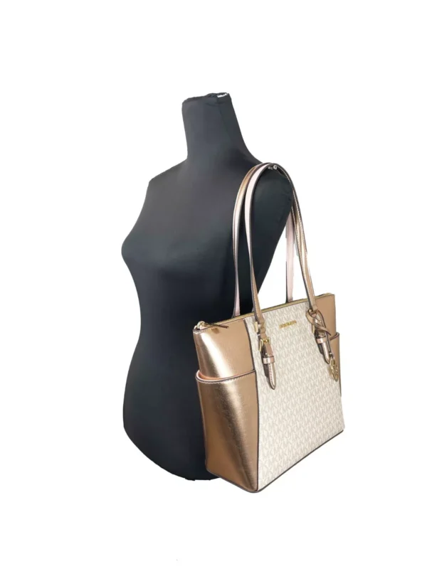 Michael Kors Charlotte Large Leather Top Zip Tote Bag Purse Rose Gold - Image 3