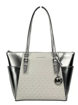 Michael Kors Charlotte Large Leather Top Zip Tote Bag Purse Silver