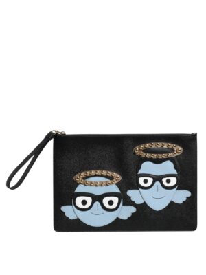 Dolce & Gabbana Black Leather #DGFAMILY Embellished Men Zip Pouch Bag
