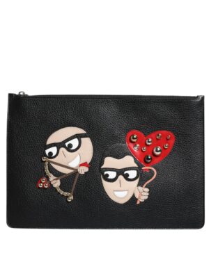 Dolce & Gabbana Black Leather #DGFAMILY Embellished Men Zip Pouch Bag