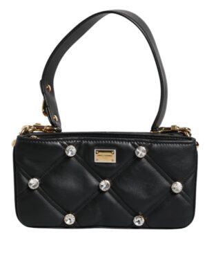 Dolce & Gabbana Black Leather Crystal Embellished Logo Shoulder Bag
